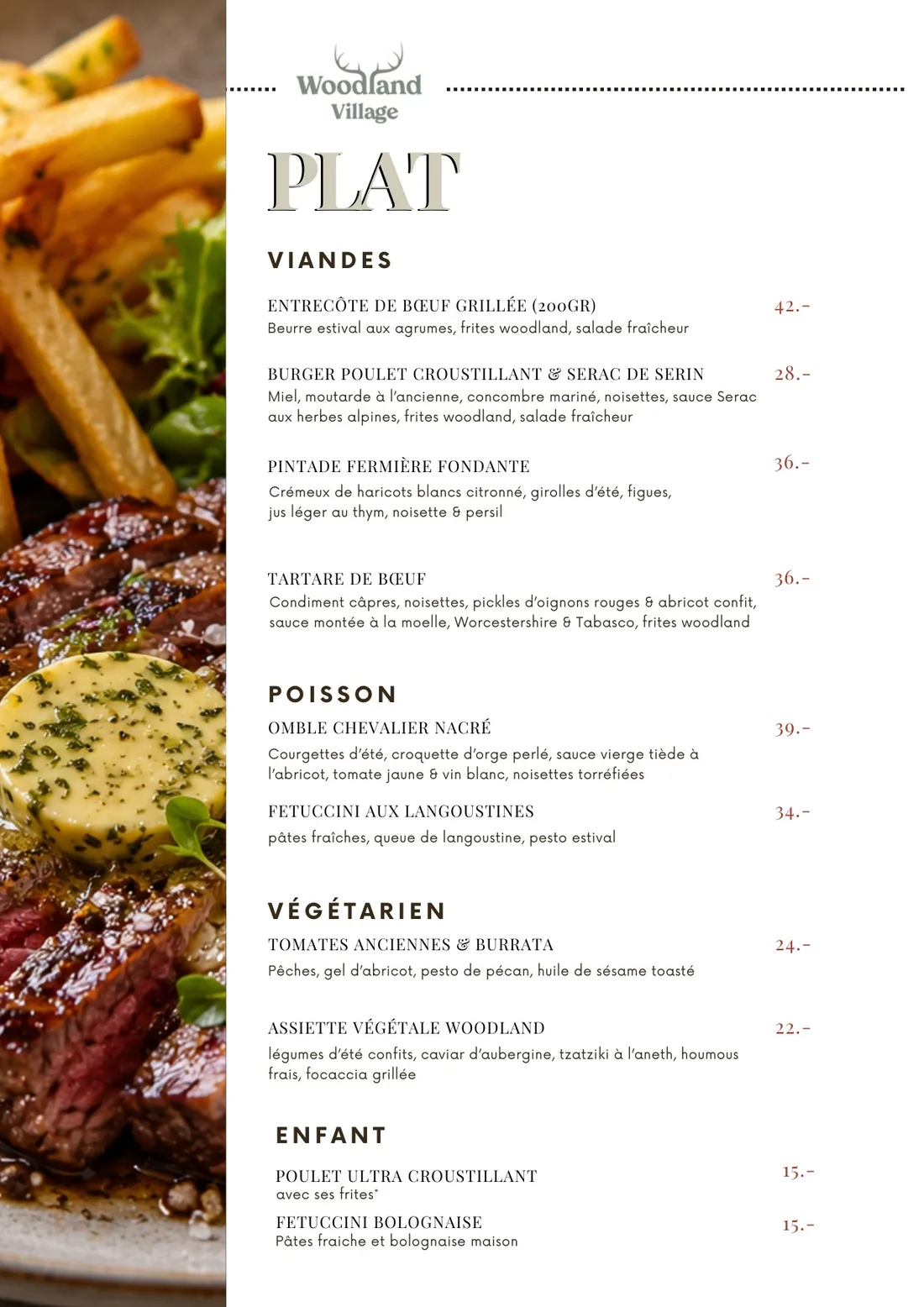 Carte du restaurant Woodland Village, page 2 : Plats — viandes, poissons, végétarien, enfants
