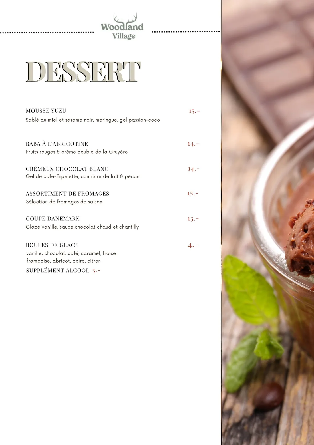 Carte du restaurant Woodland Village, page 3 : Desserts