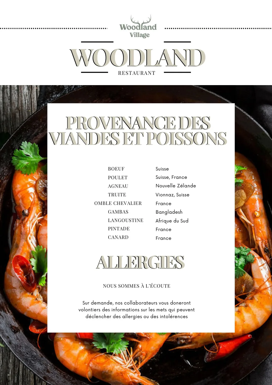 Carte du restaurant Woodland Village, page 5 : Provenances et allergies